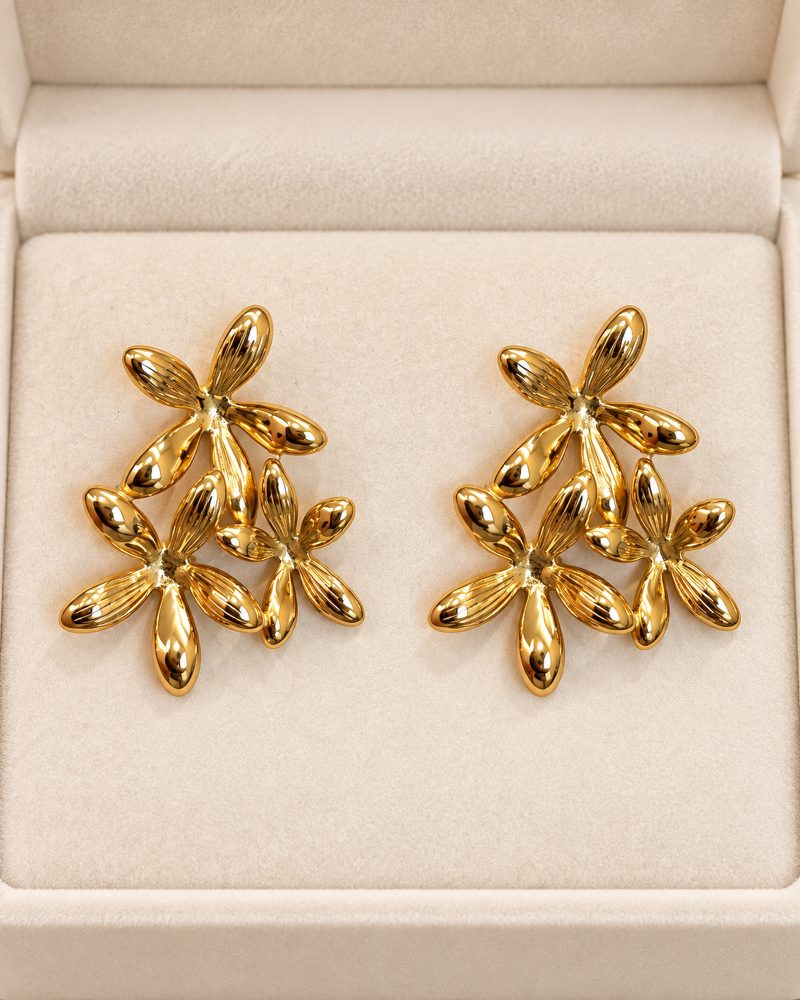 Golden Triple Bloom Cluster Earrings