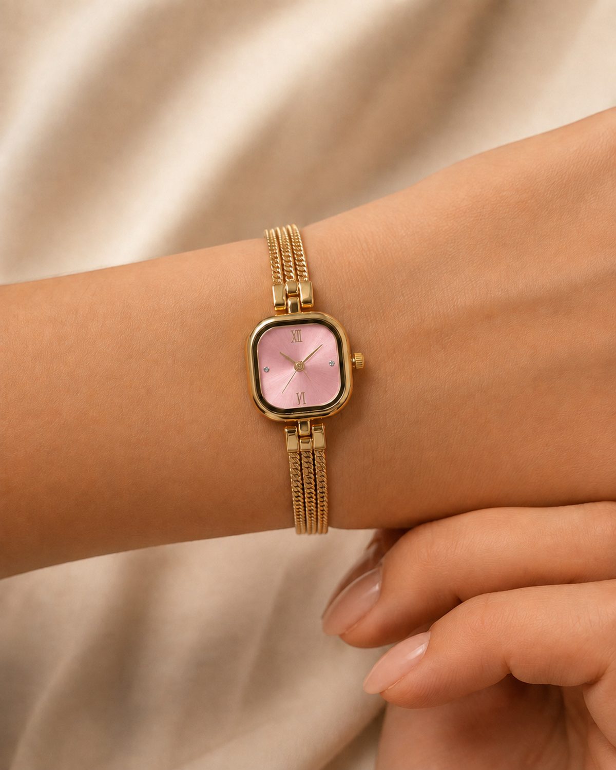 Blush Pink Dial Triple-Strand Gold Watch