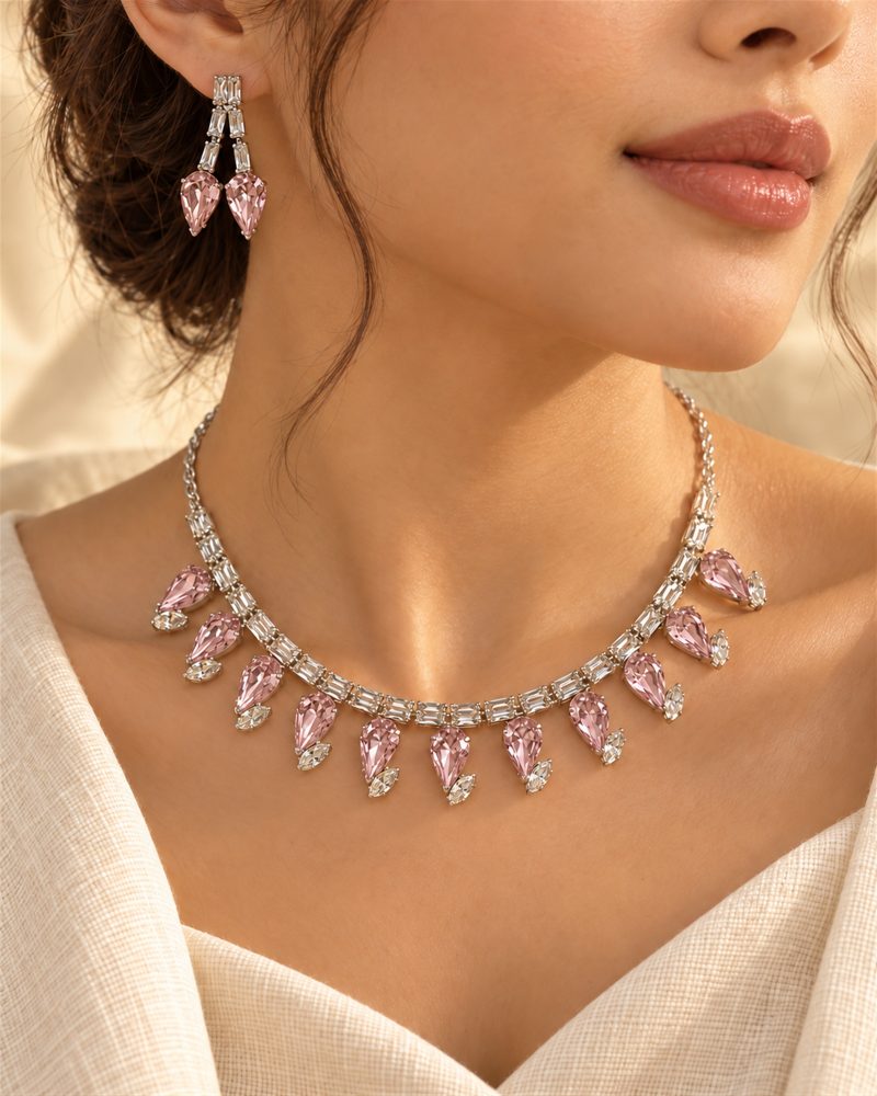 Blush Teardrop Crystal Necklace and Earrings Set