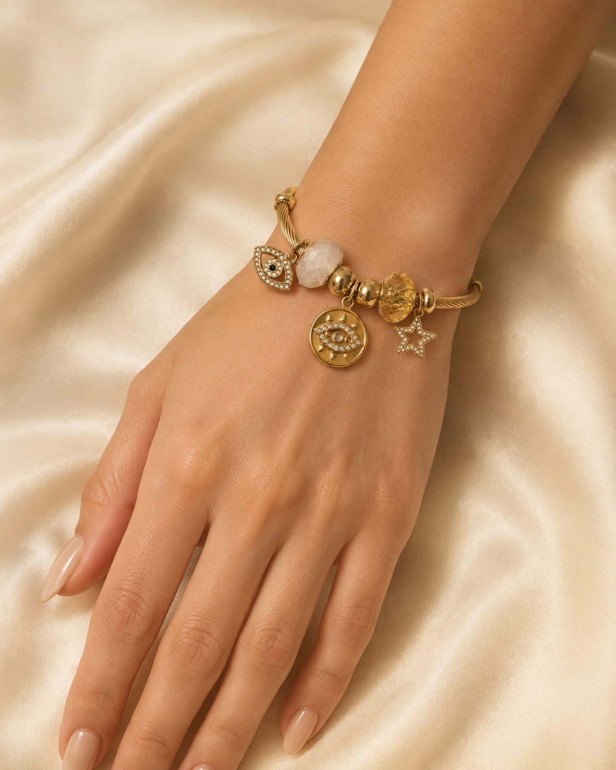 Evil Eye & Star Charm Gold Cable Bracelet