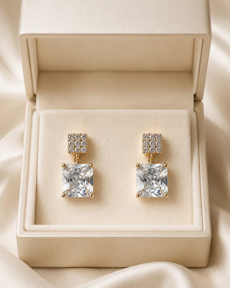 Regal Square Crystal Drop Earrings