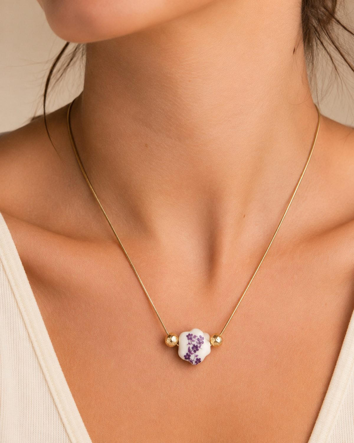 Purple Floral Ceramic Heart Necklace