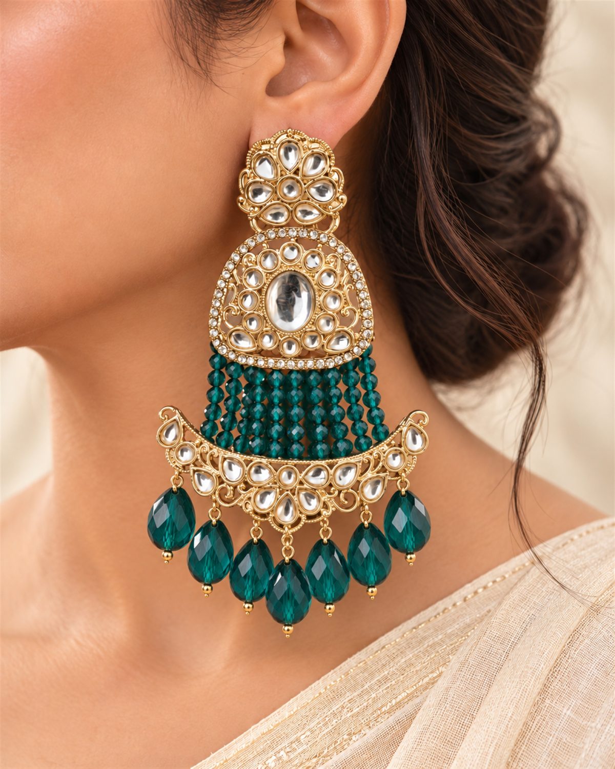 Deep Teal Beaded Chandelier Earrings