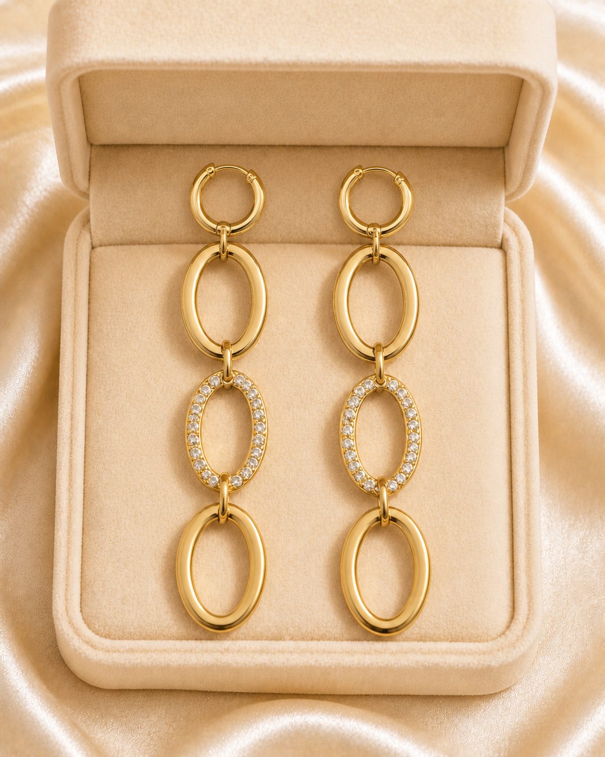 Golden Crystal Linked Oval Bali Earrings