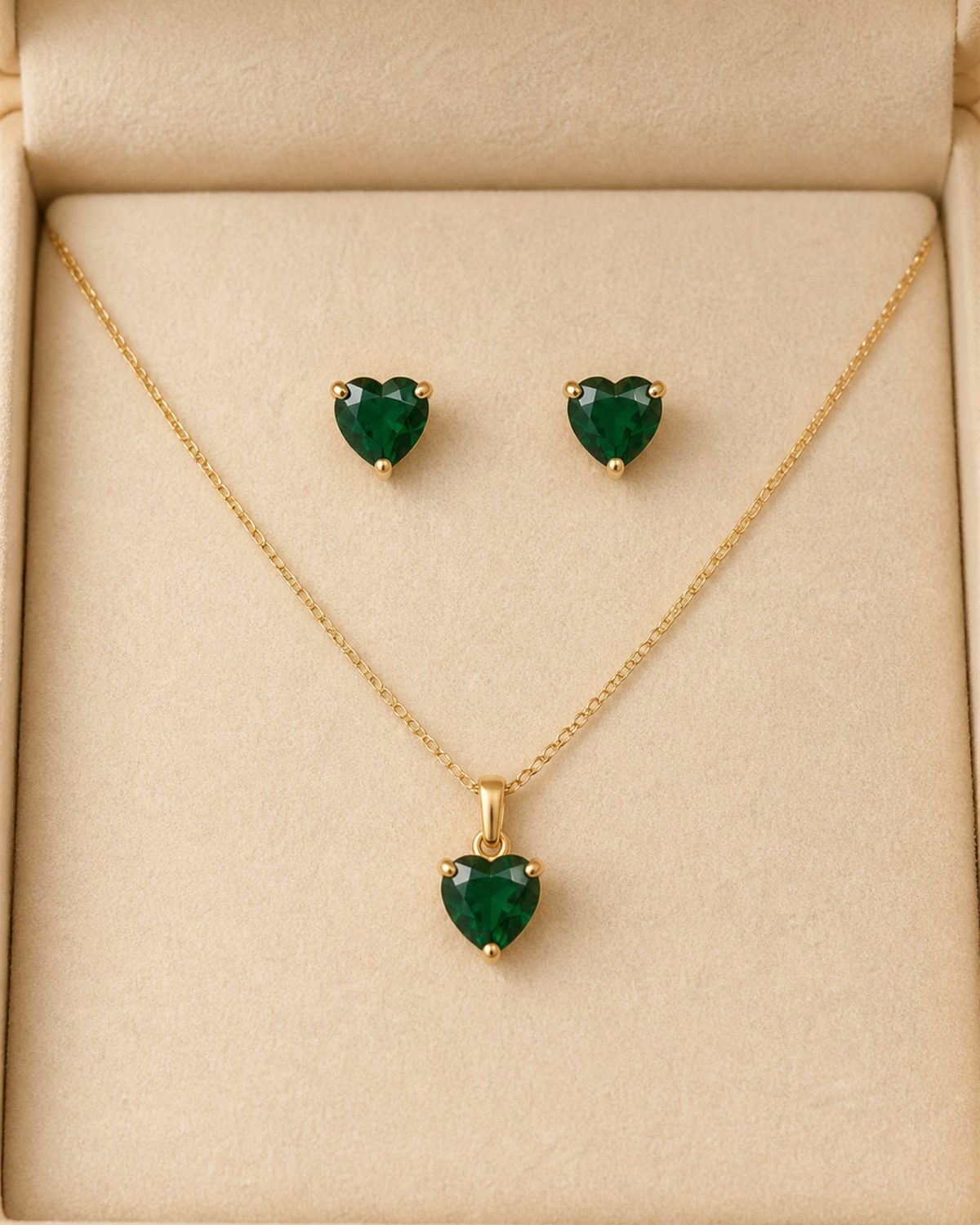 Emerald Green Heart Necklace & Stud Earrings Set