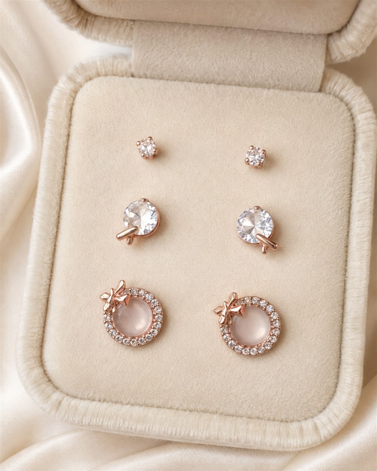 Blush Bow Sparkle Earring Set – 3 Pairs
