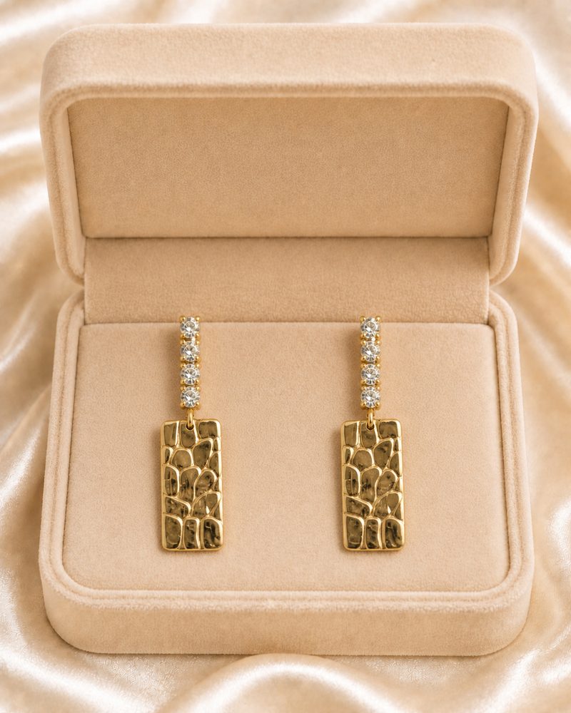 Crystal Hammered Rectangle Gold Drop Earrings