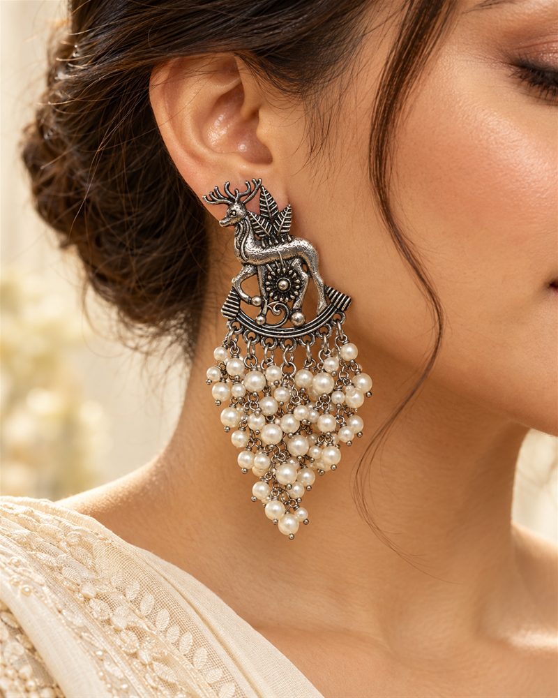 Deer Motif Pearl-Look Tassel Earrings