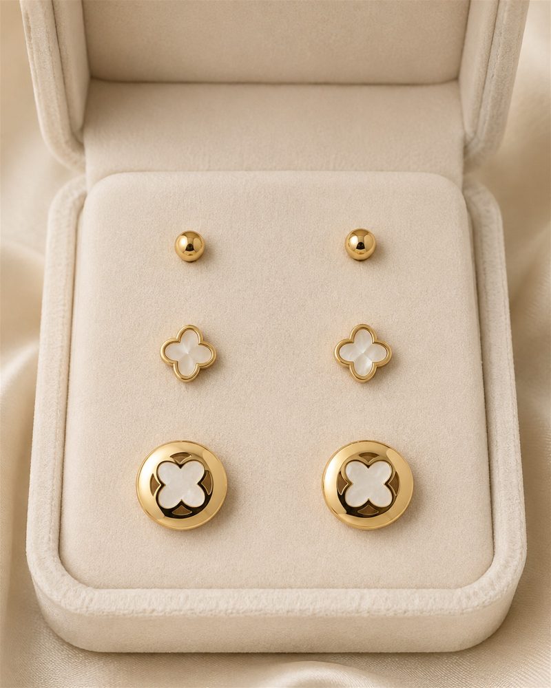 Golden Trio Clover Stud Earrings Set