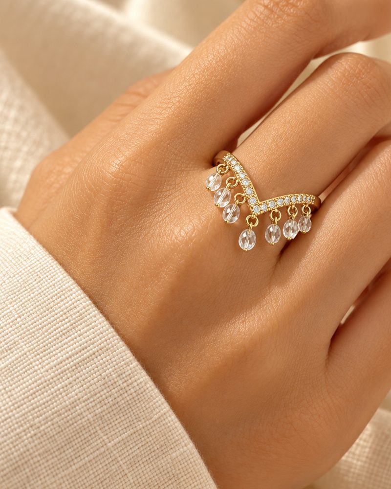 Crystal Fringe V-Shaped Adjustable Ring