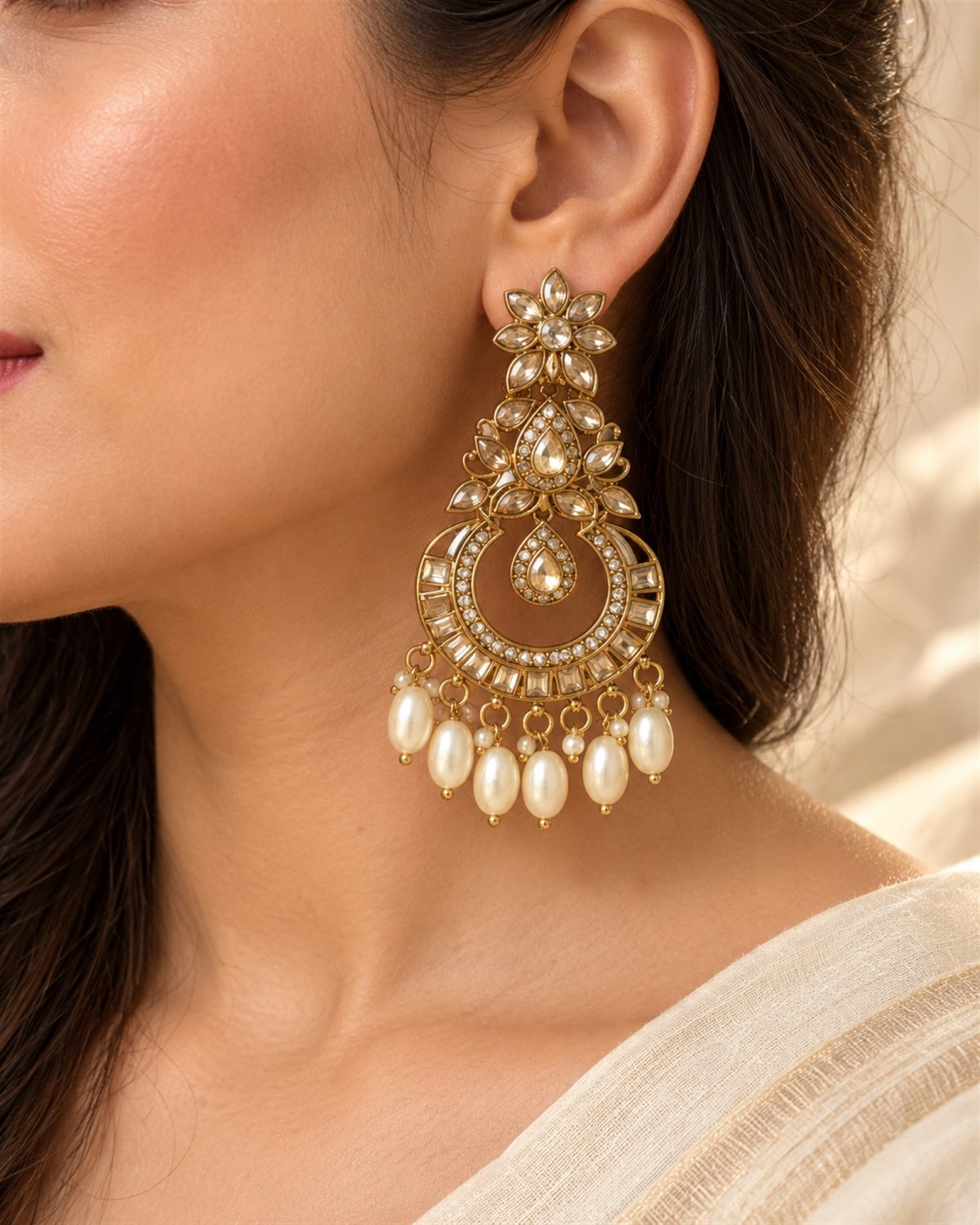 Floral Pearl-Fringe Chandbali Earrings