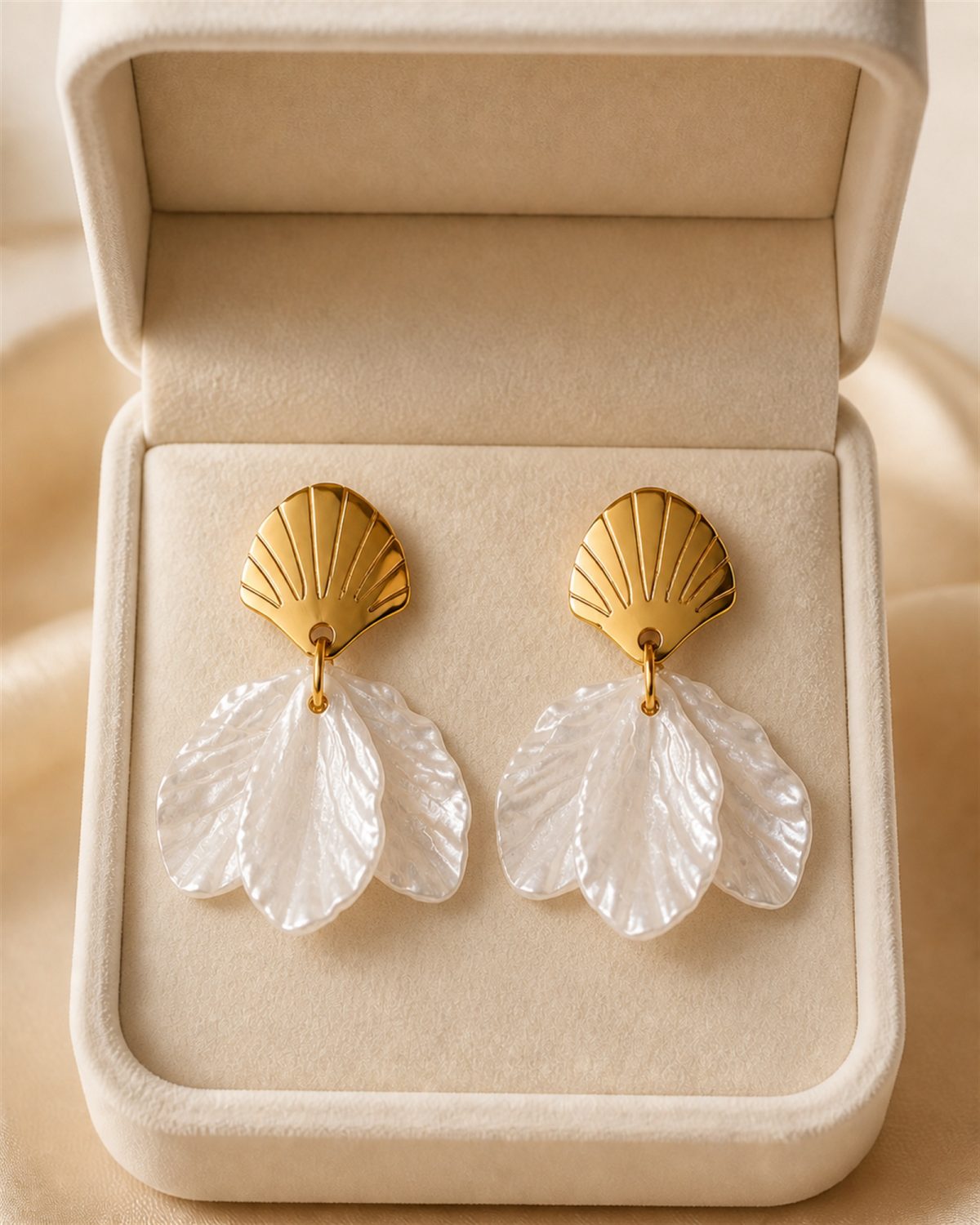 Golden Fan Pearl Petal Drop Earrings