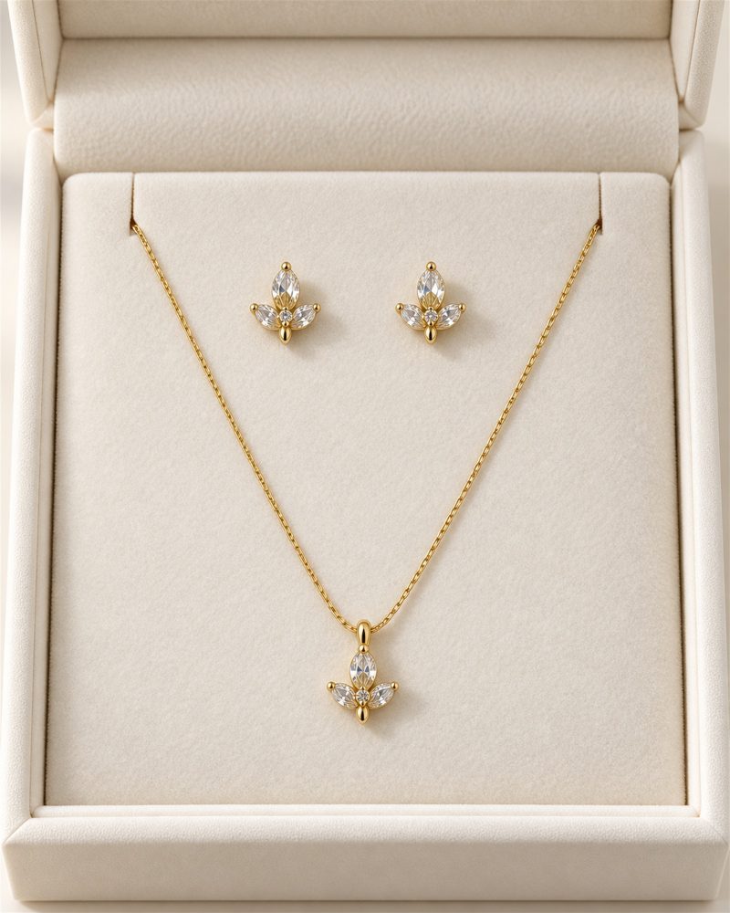 Crystal Fleur Gold Necklace & Stud Earrings Set