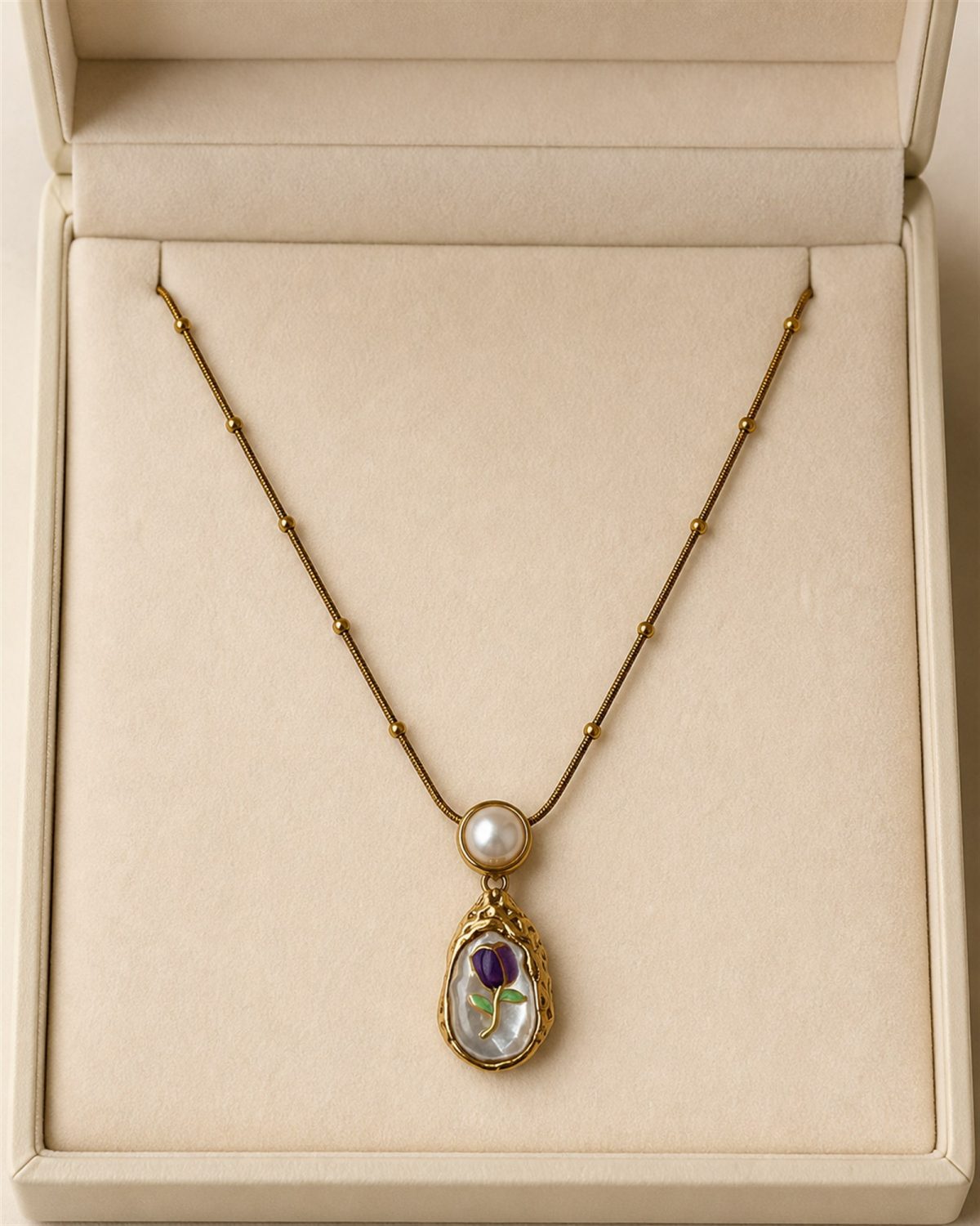 Purple Rose Pearl Drop Necklace