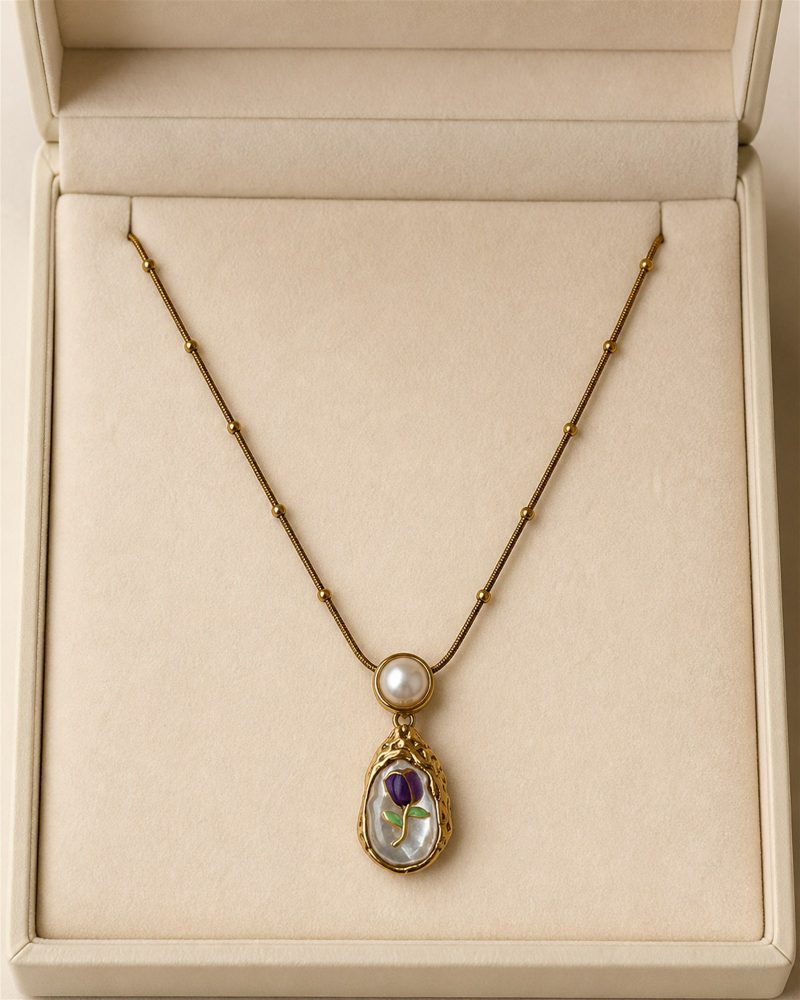 Purple Rose Pearl Drop Necklace