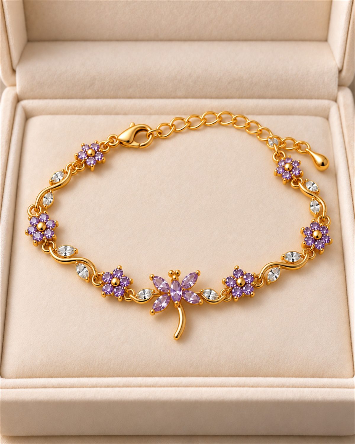 Lavender Floral Crystal Dragonfly Bracelet