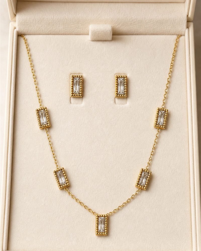 Golden Baguette Crystal Necklace Set