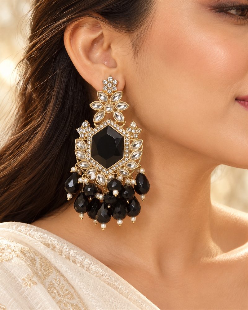 Black Hexagon Chandelier Earrings