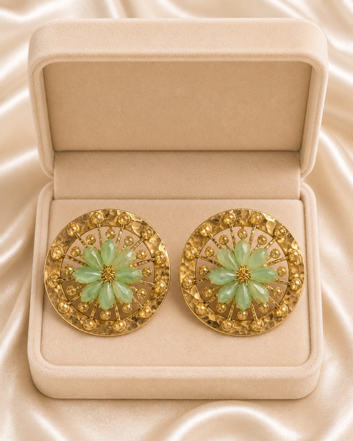 Mint Crystal Flower Sunburst Stud Earrings