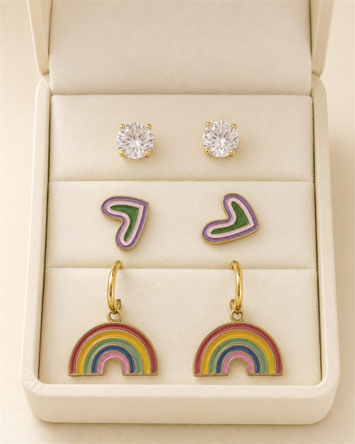 Rainbow Heart & Crystal Three-Pair Earring Set