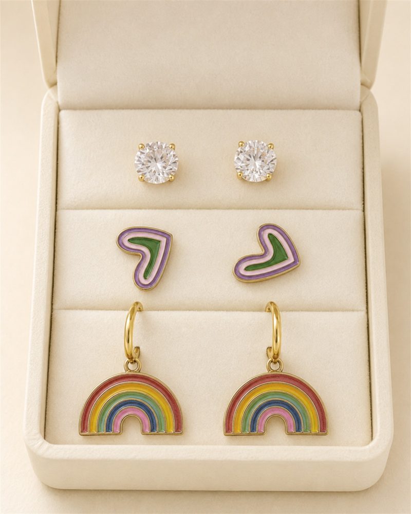 Rainbow Heart & Crystal Three-Pair Earring Set
