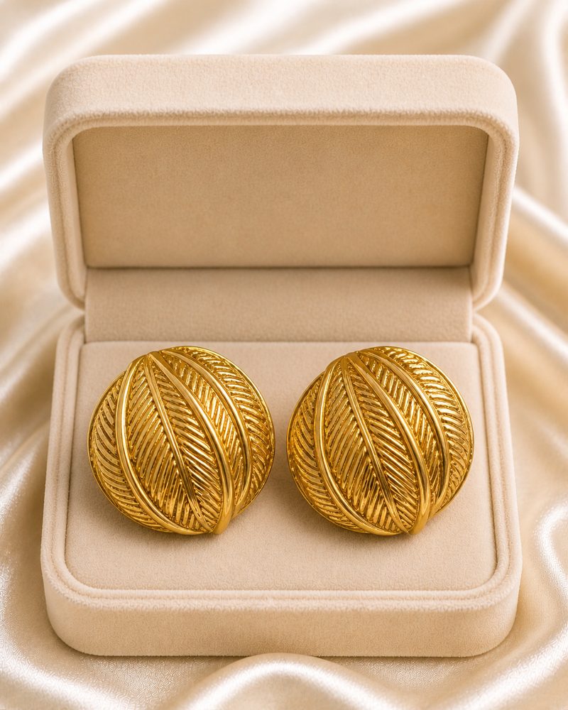 Golden Engraved Leaf Dome Stud Earrings