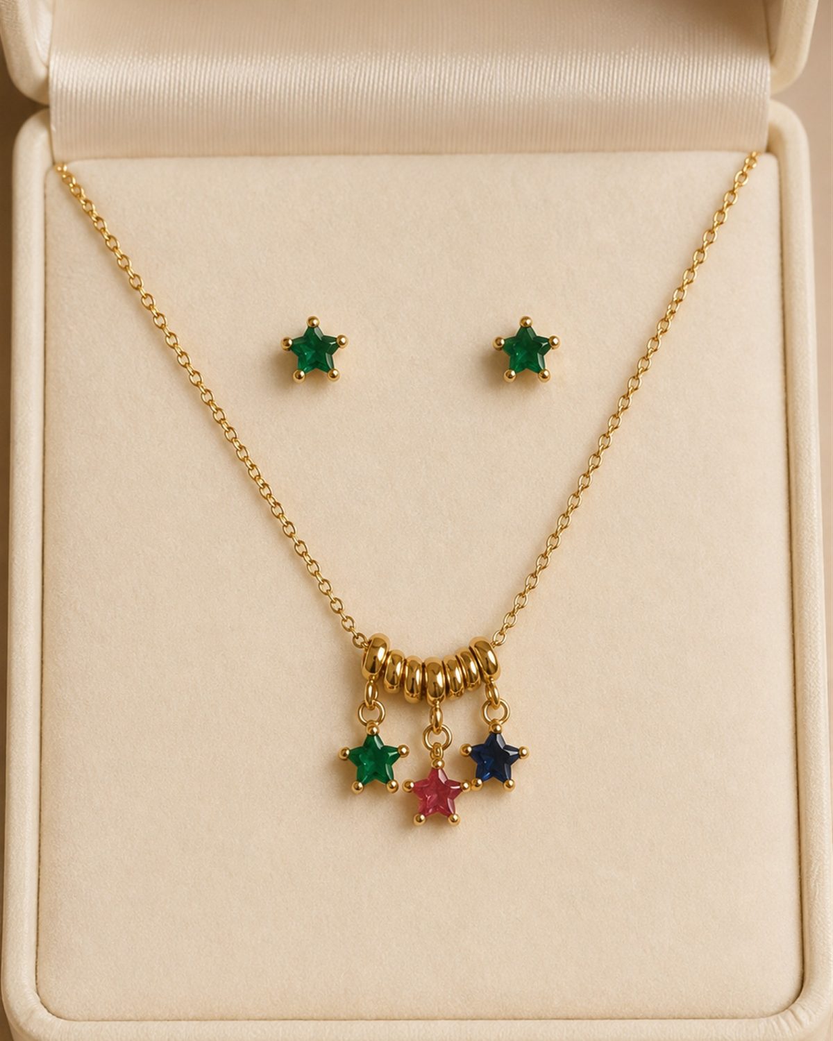 Multicolour Three-Star Necklace & Green Stud Earrings Set