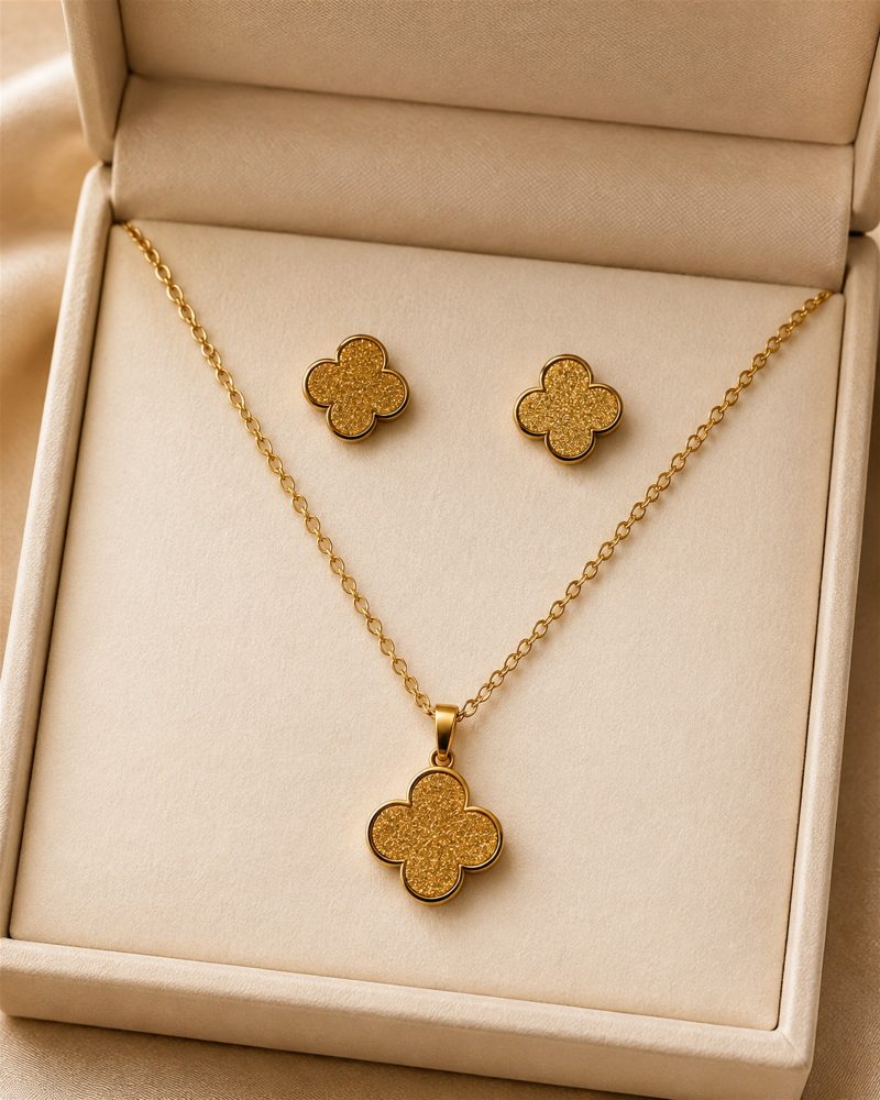 Golden Glitter Clover Necklace & Stud Earrings Set