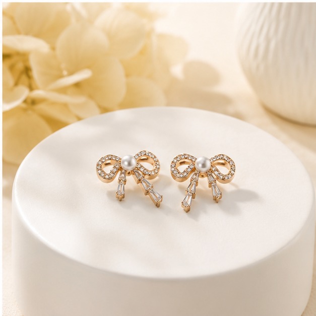 Pearl Bow Crystal Earrings