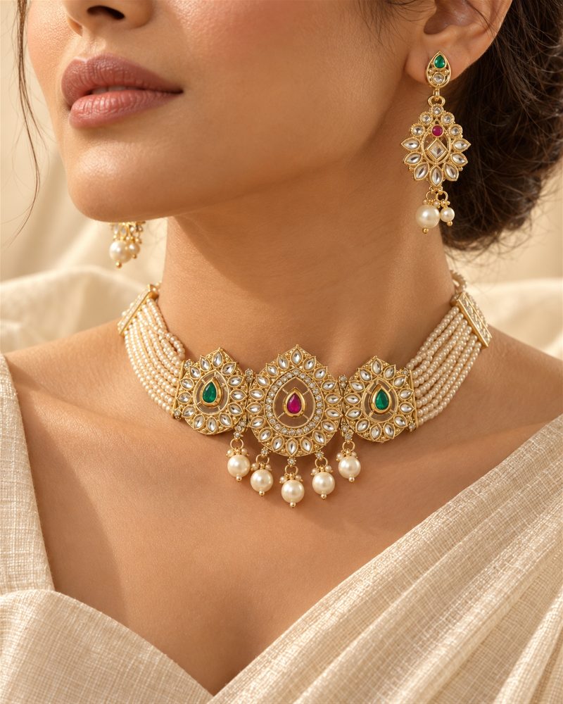 Pearl-Look Peacock Choker and Earrings Set