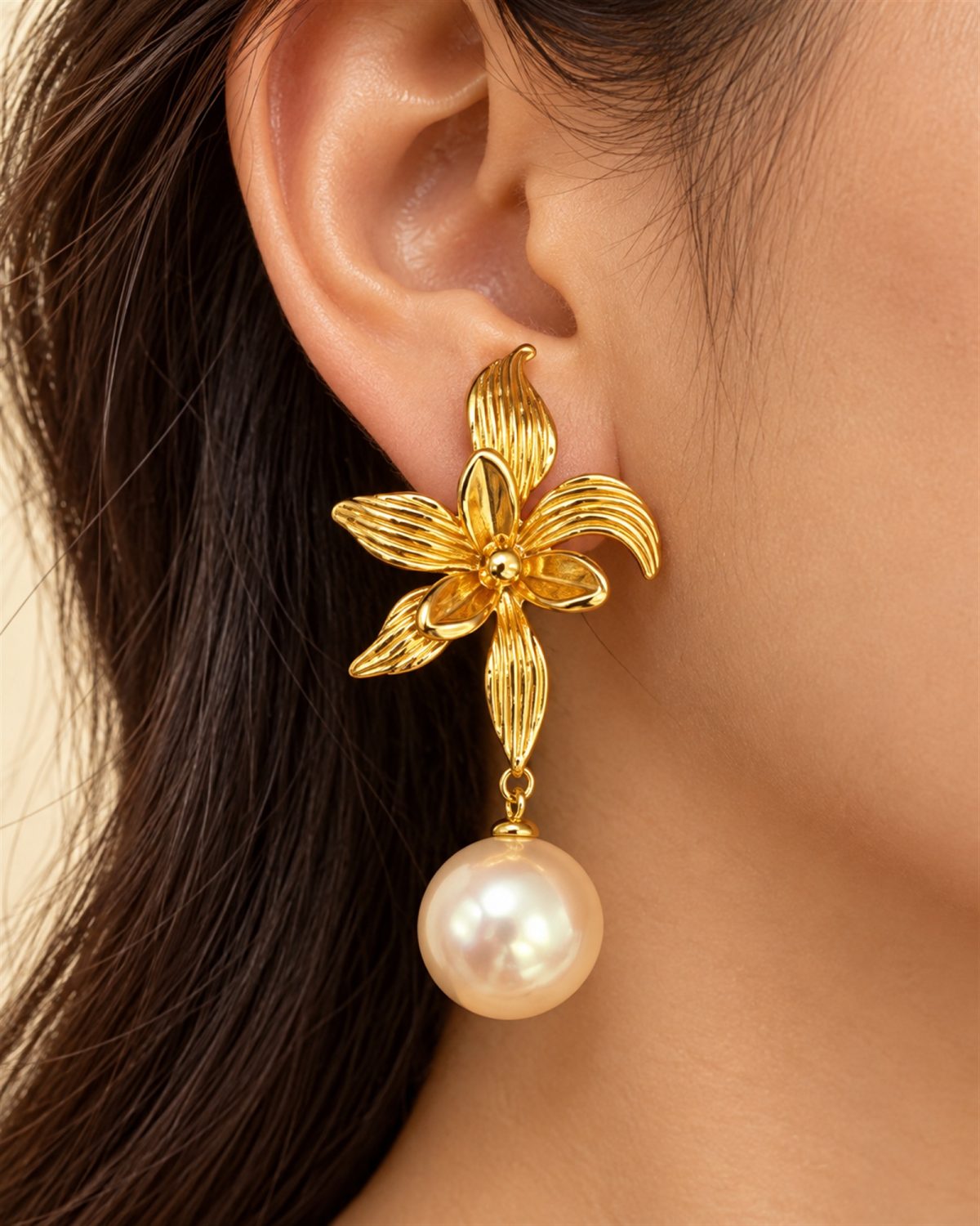 Golden Orchid Pearl Drop Earrings