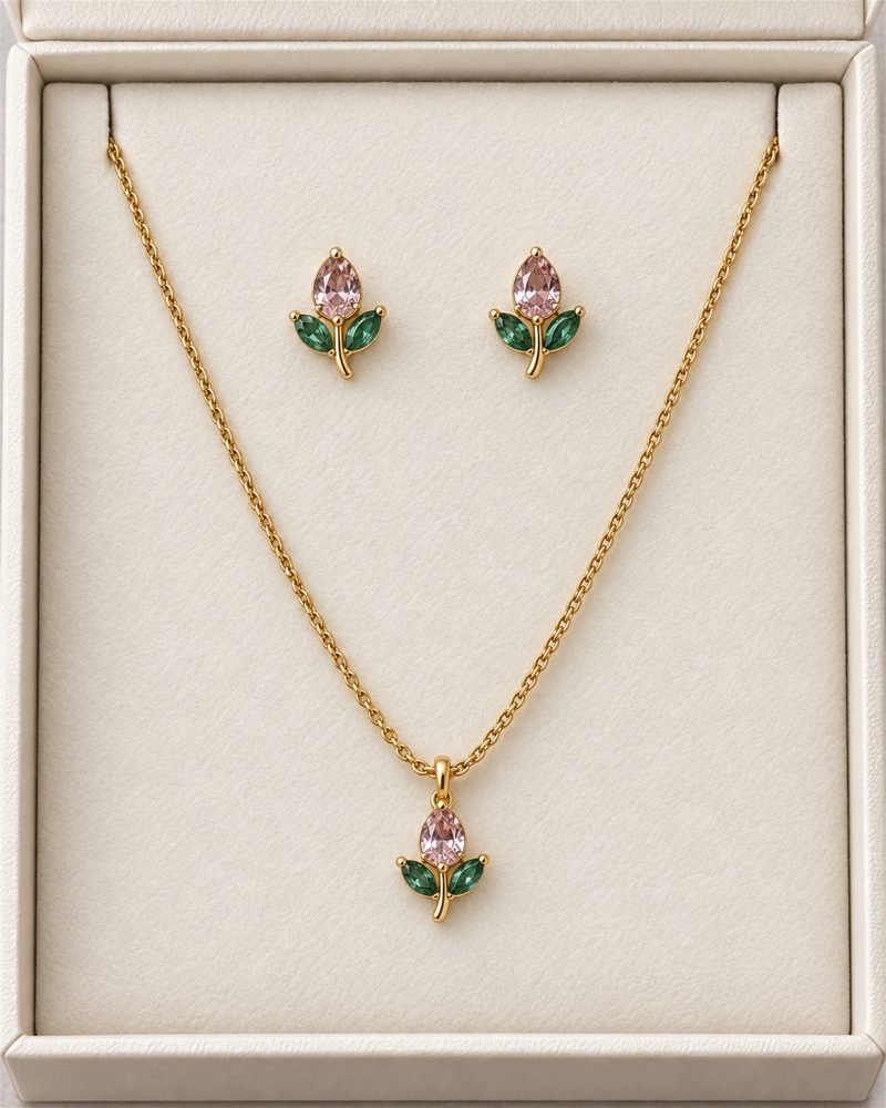 Blush Tulip Gold Necklace & Stud Earrings Set