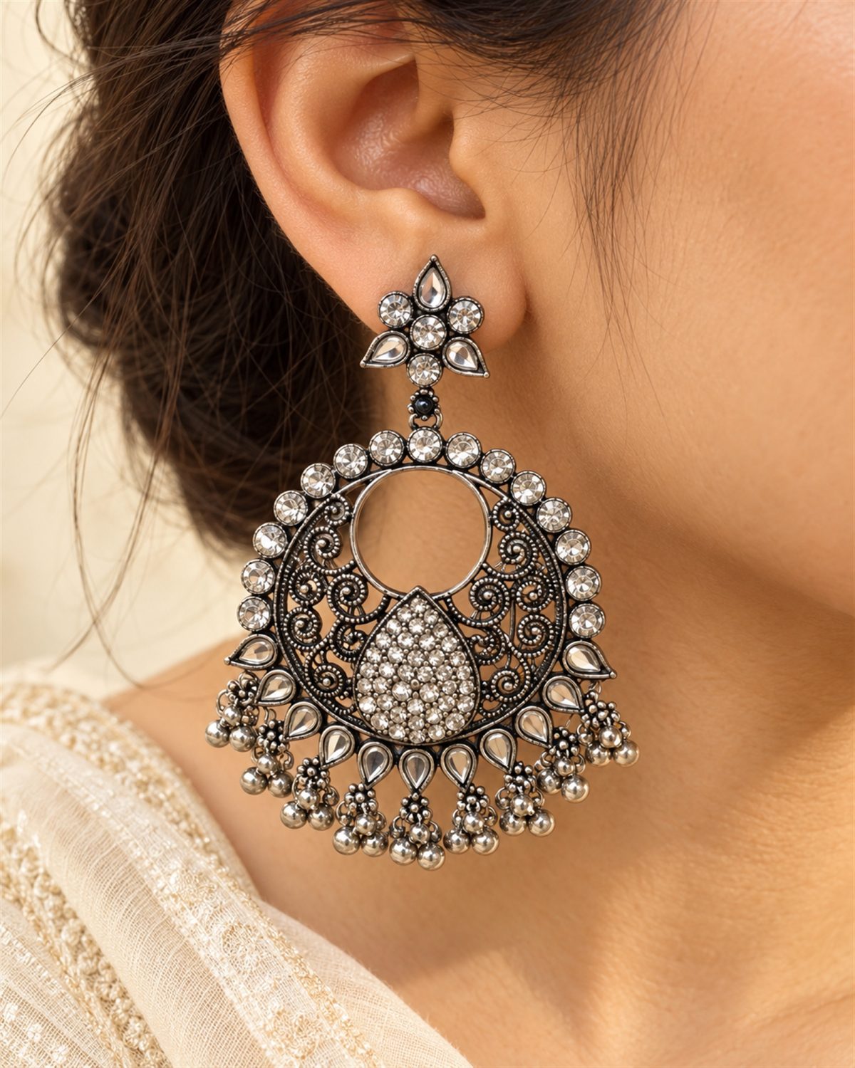 Oxidised Crystal Chandbali Earrings