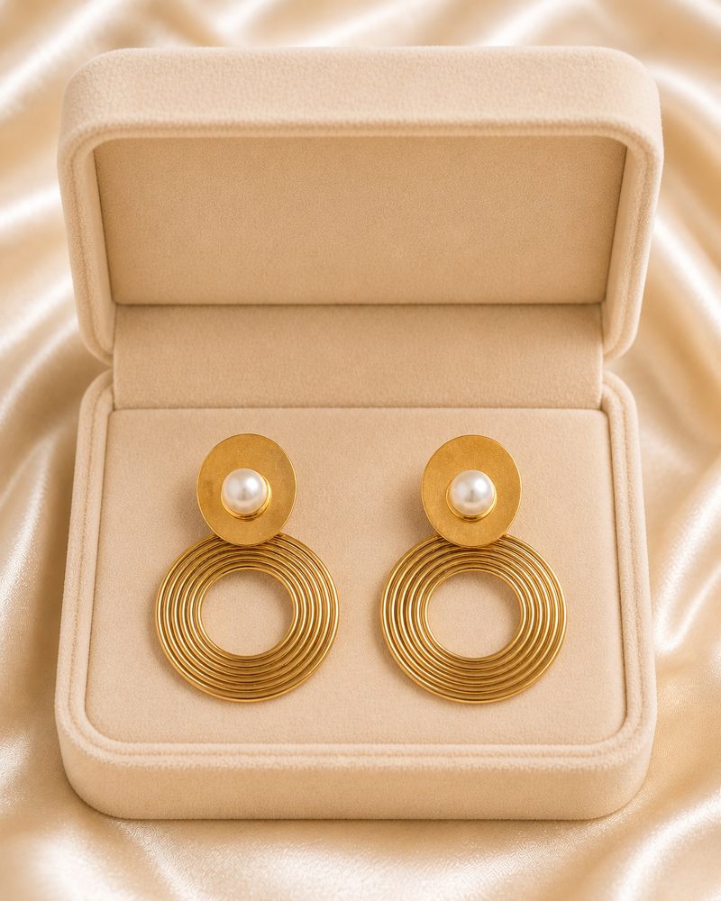 Pearl Concentric Circle Gold Drop Earrings
