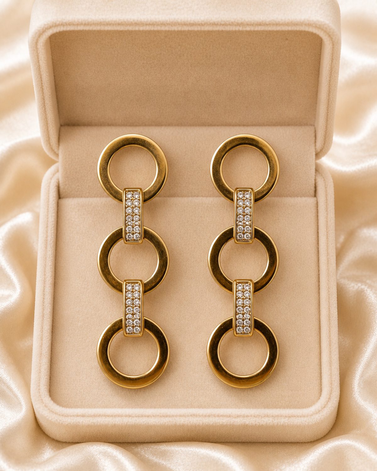 Golden Crystal Bar Triple-Ring Earrings