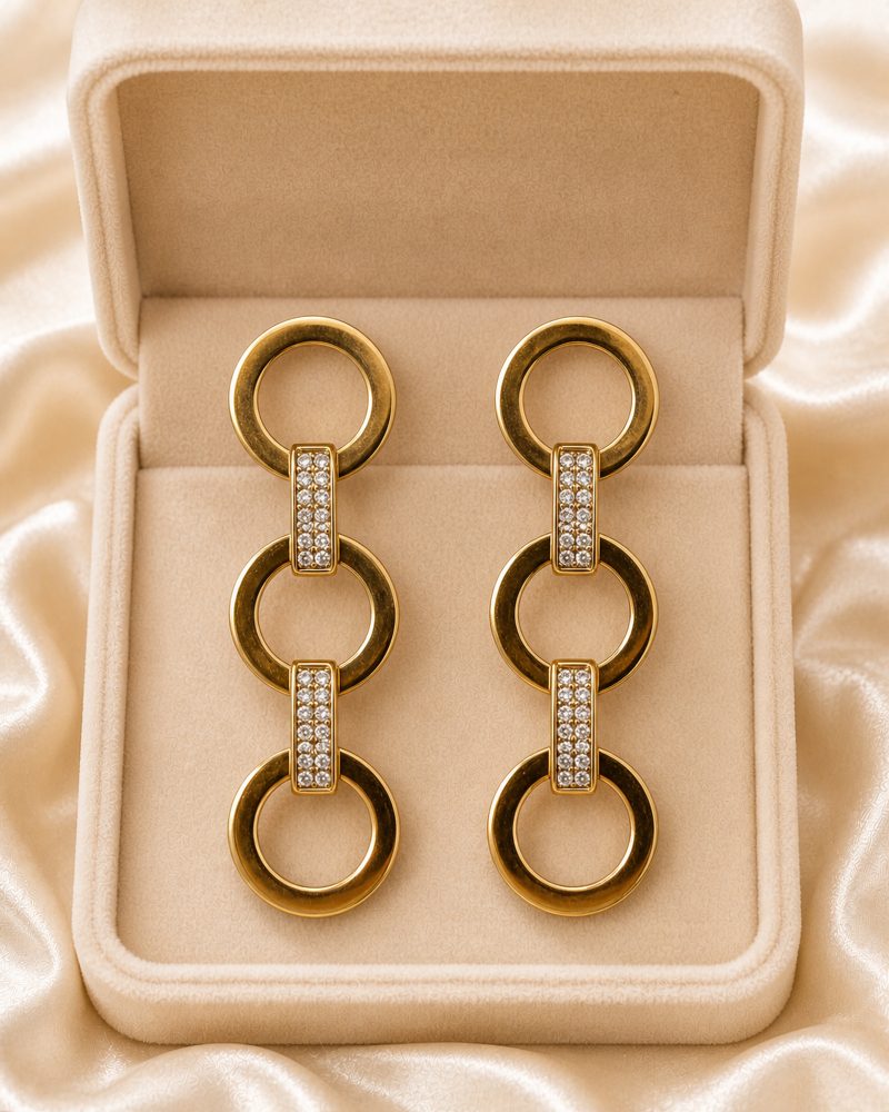 Golden Crystal Bar Triple-Ring Earrings