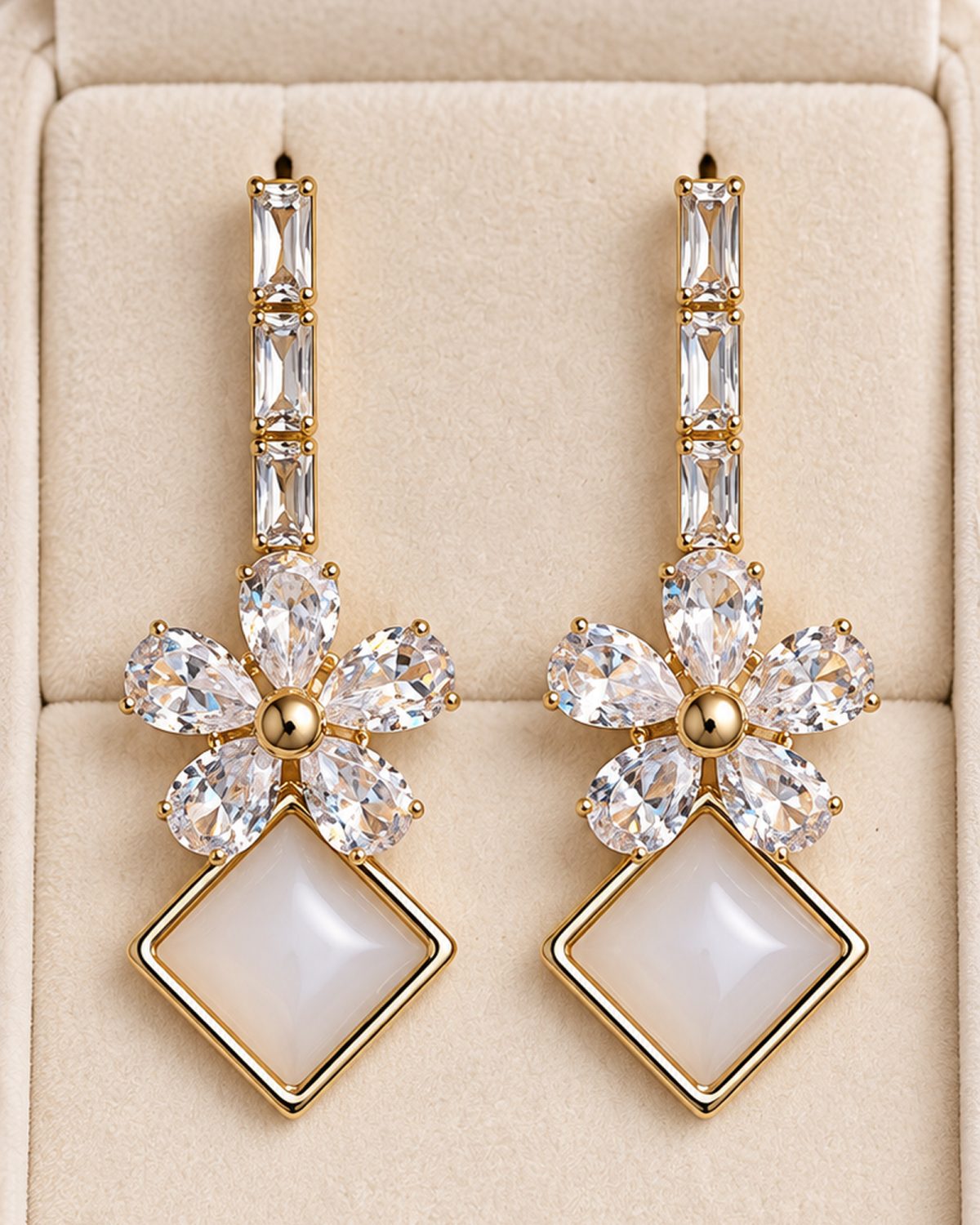 Crystal Blossom Pearly Diamond Drop Earrings