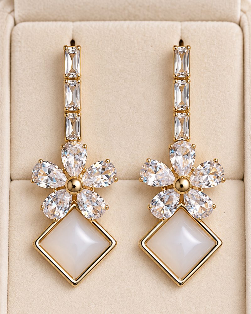 Crystal Blossom Pearly Diamond Drop Earrings