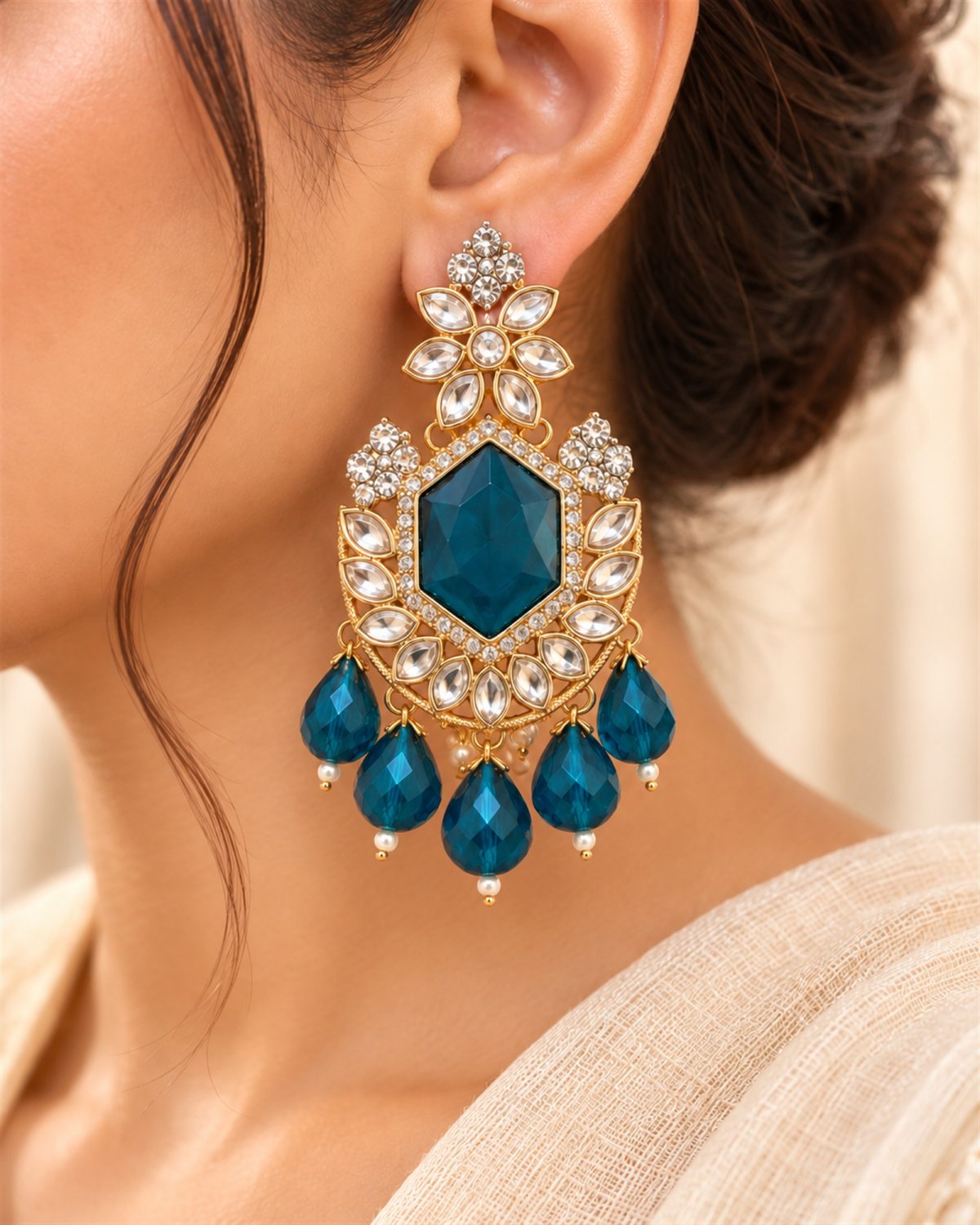 Teal Hexagon Chandelier Earrings