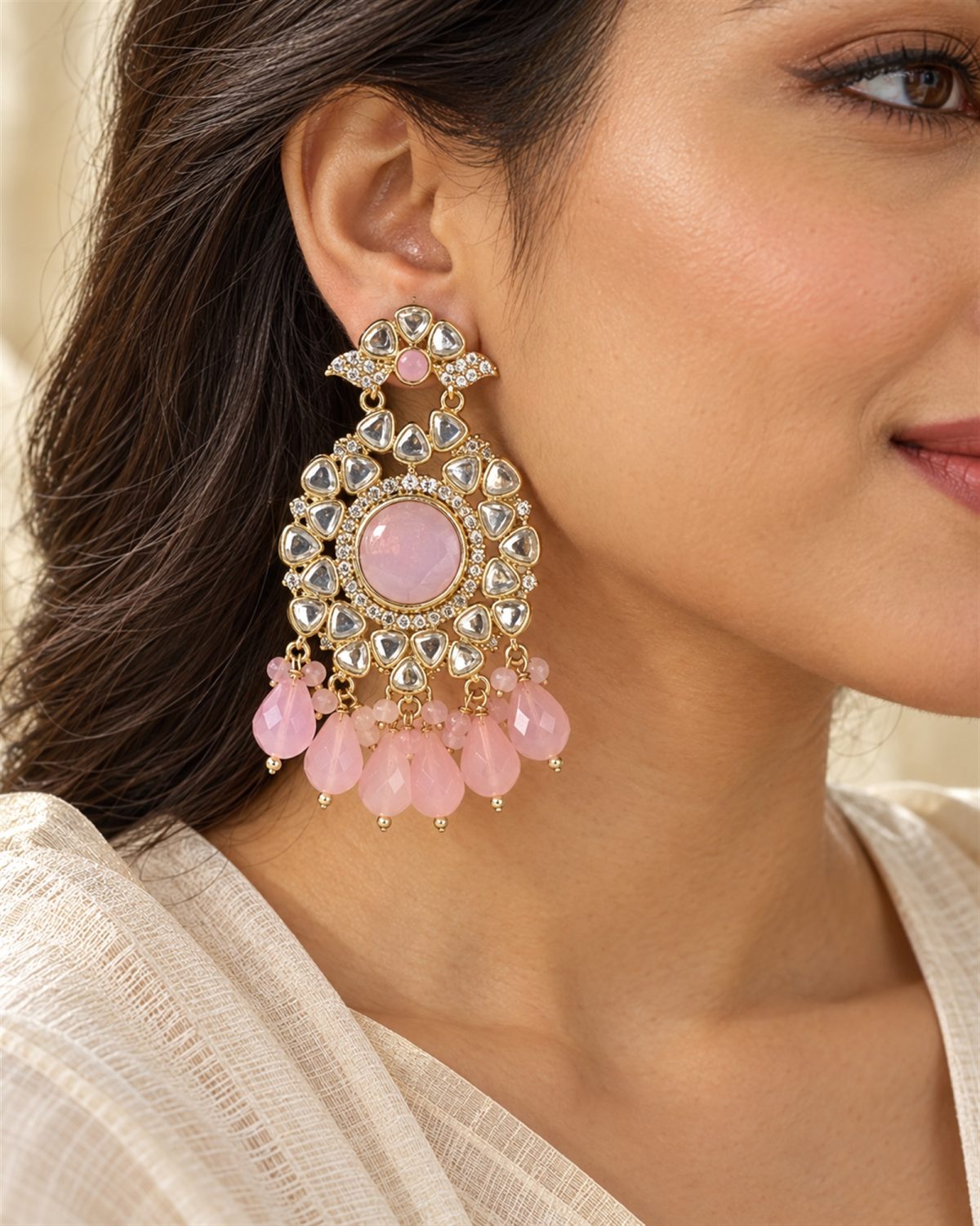 Pink Stone Chandbali Earrings